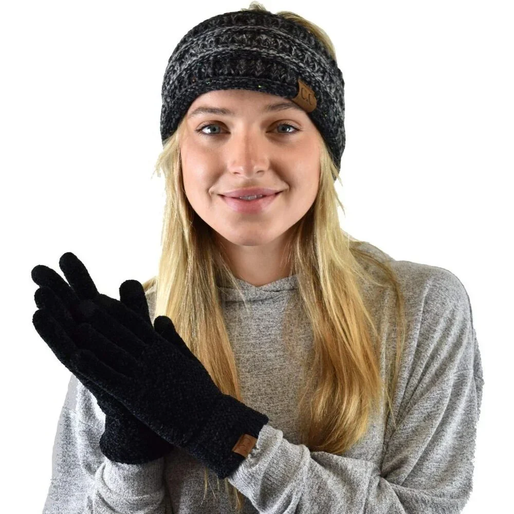 Women's Black Winter Warm Eco-friendly Chenille Touchscreen Texting Gloves